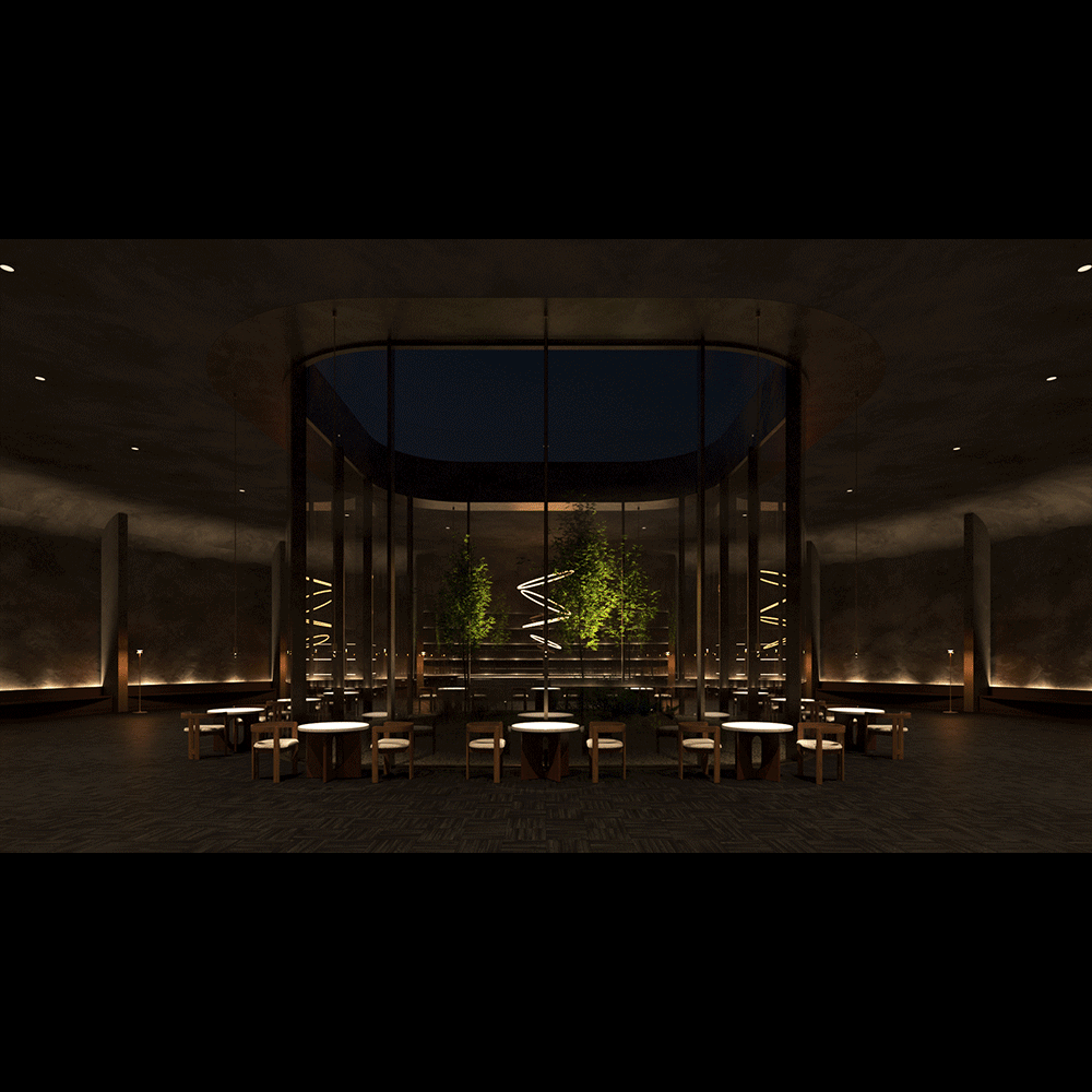 Courtyard Cafe 야간 빛 환경 설정 및 주간 렌더링